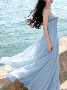Đầm ôm sát màu xanh lá cây nhạt với viền xếp ly, đầm dạ hội không tay bằng chiffon thanh lịch, áo choàng dáng chữ A dài đến bắp chân, trang phục đi biển và đám cưới. - Màu xanh nhạt - Xem 6
