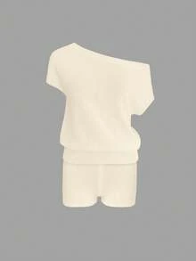 Bộ đồ đi nghỉ mát thường ngày dành cho nữ - Áo dệt kim trễ vai màu trơn phối cùng quần short ống đứng, thích hợp cho mùa xuân và mùa hè. - trắng - Xem 8