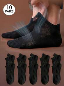 1/5/10 Pairs Men's Black Breathable Compression Short Socks, Durable Tab Socks, Sweat-Absorbing & Odor-Resistant, Comfortable For Spring/Summer - Black - View 8