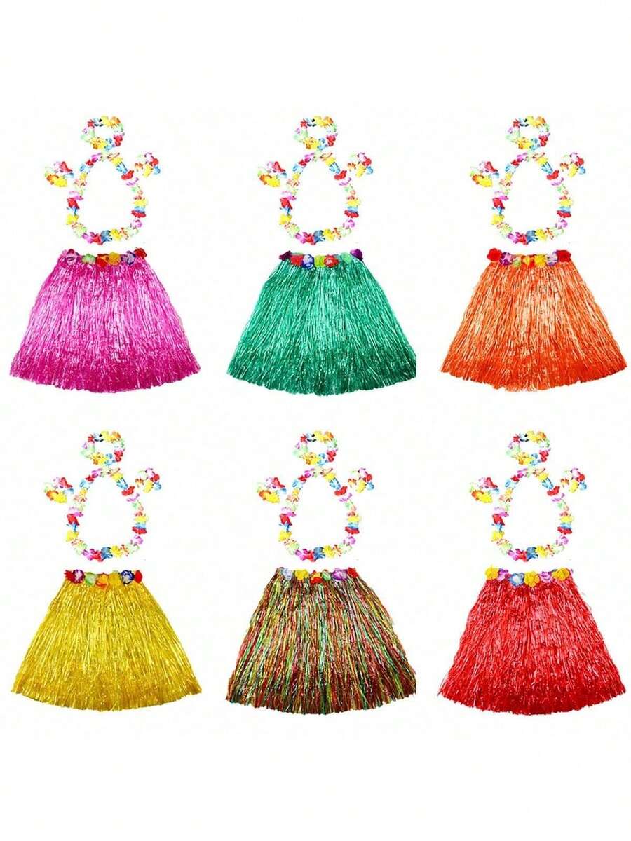 1pc ,Hawaii Hula Dress Set, Tropical Hawaiian Hula Skirt Costume, Hibiscus Flower Garland, Headband Wristbands, Luau Party Decorations, Summer Beach Vacation Outfit, Birthday Party Supplies, Festival Dress Gift - Multicolored Grass Skirt - View 1
