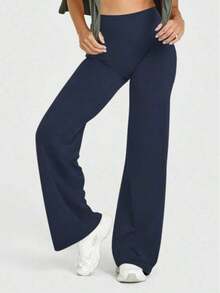 Pantalones de yoga holgados de talle alto para mujer, color azul marino sólido, tejido suave y elástico, efecto estilizador y levantador de glúteos, ideal para actividades al aire libre, uso doméstico casual, gimnasio, entrenamiento y todas las estaciones del año - Azul marino - Ver 5