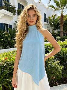 Top para Mujer Blanco Sólido de Cuello Halter con Espalda Descubierta Asimétrica, Sin Mangas y Holgado, Sexy para Fiestas y Salidas Nocturnas de Verano - Azul - Ver 3