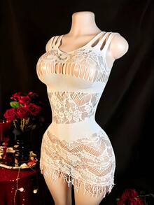 Vestido ajustado de encaje sexy con diseño calado, ajustado y transparente con flecos, adecuado para fiestas en discotecas - Blanco - Ver 3