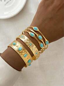 3pcs Vintage Luxury Wide Bangle Set With Rhinestone & Faux Turquoise, Suitable For Women's Daily And Holiday Wear - 黃金2 - 查看 1