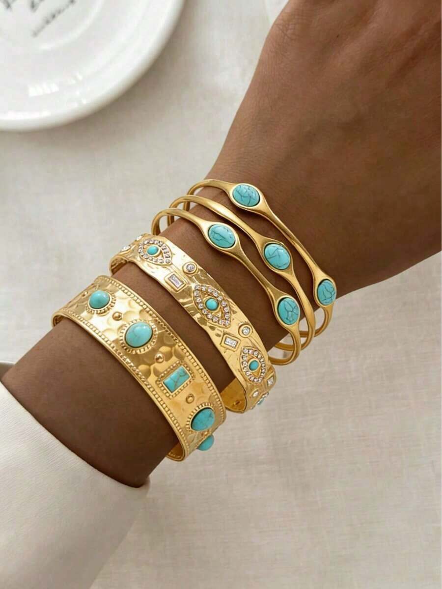 3pcs Vintage Luxury Wide Bangle Set With Rhinestone & Faux Turquoise, Suitable For Women's Daily And Holiday Wear - 黃金2 - 查看 1