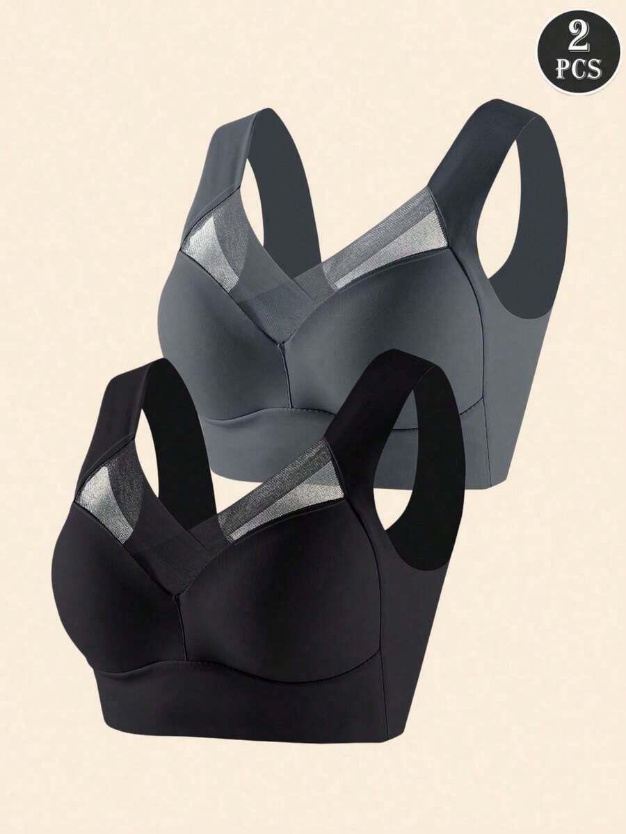 2 piezas Sujetador sin costuras para mujer, ropa interior sin espalda, suave y amigable con la piel, sujetador sin alambre transpirable e invisible, cómodas y - Negro+Azul - Ver 1