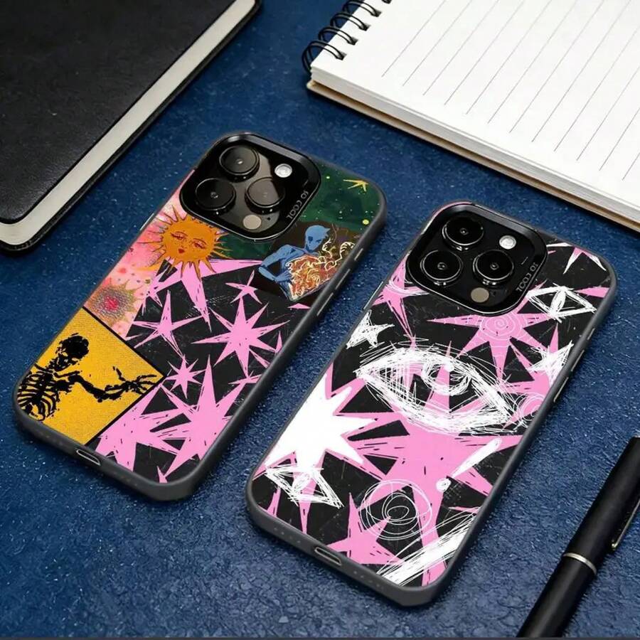 Funda de teléfono con diseño de estrellas vintage para iPhone 17, 16, 15, 14, 13, 12, 11 Plus, Pro Max, cubierta interior plateada de color. - Rosa - Ver 1