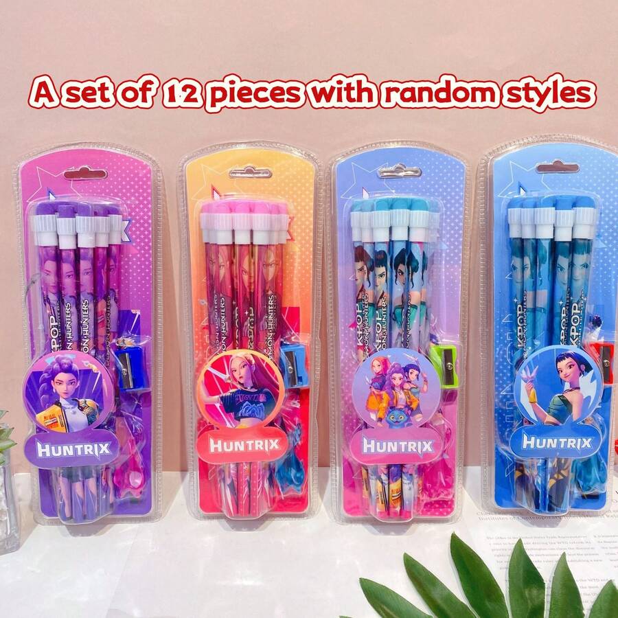 DOBBLE Bộ 12 bút chì hoạt hình nhóm nhạc nữ chất lượng cao kèm gọt bút chì, văn phòng phẩm sáng tạo dành cho học sinh. - A - Xem 1