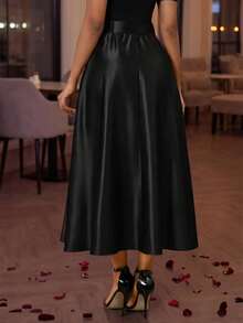 SHEIN Lady Váy dài xếp ly eo trơn màu thời trang nữ - màu đen - Xem 2