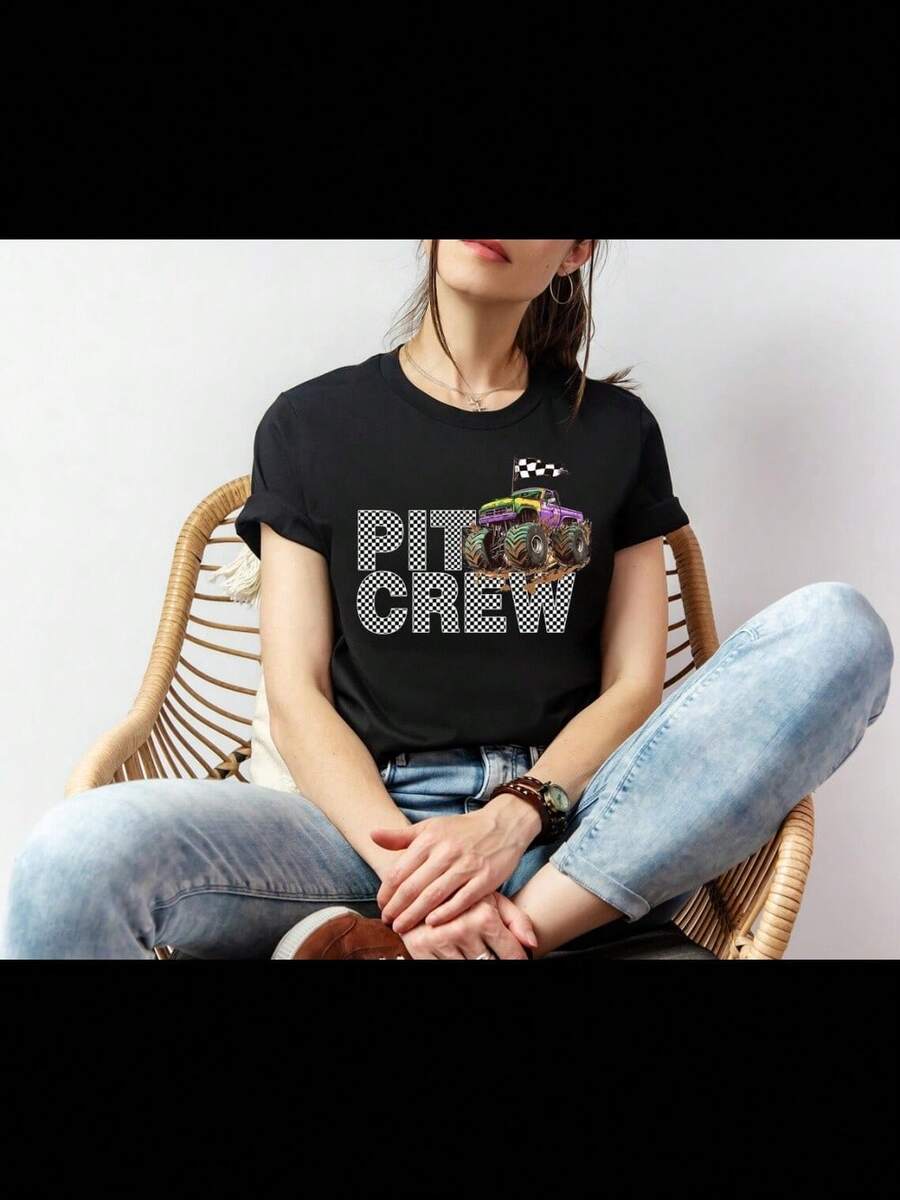 Pit Crew Monster Truck Jam Shirt, Checkered Graphics Race Day Shirt, Truck Racing Gift, Monster Truck Crewneck Shirt, Truck Race Lover Gift1 - màu đen - Xem 1