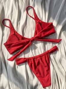 Women's Summer Vacation Swimwear Series, Red & White Plaid Bow Tie Strap Triangle Bikini 2-Piece Set, Sweet Girl Bikini Set Beach - Red - View 4