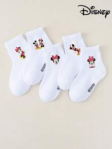 Disney 1/5雙迪士尼正版可愛米老鼠圖案白色蕾絲兒童中筒襪，甜美風格，獨特卡通設計，時尚休閒舒適透氣，適合日常穿著、返校與節日禮物，秋冬女童中筒襪，韓系卡通男童春秋襪，嬰兒學生襪，幼兒襪 - 彩色 - 查看 2