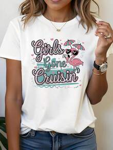 Gone Cruisin Graphic Print T-Shirt | Short Sve Crew Neck Casual Top For Spring/Summer, Women's Clothing With Flamingo And Heart Festival Tropicaacation Atmosphere Design - 白色 - 查看 1