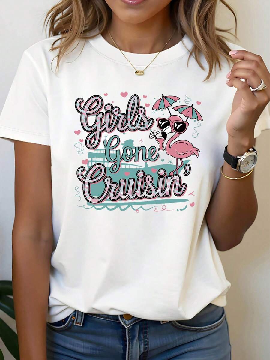 Gone Cruisin Graphic Print T-Shirt | Short Sve Crew Neck Casual Top For Spring/Summer, Women's Clothing With Flamingo And Heart Festival Tropicaacation Atmosphere Design - 白色 - 查看 1