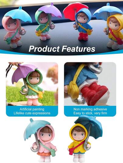 Cute Rainy Girl Umbrella Figurine, Mini Resin Character Decor, Suitable For Car Dashboard, Desk, Shelf, Adorable Home & Office Decoration
