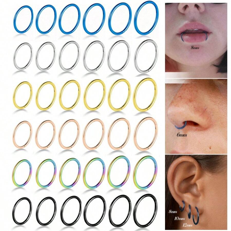 Bộ 6 khuyên mũi 16G 18G - Thép không gỉ 316L, khuyên tai dạng vòng xoắn, khuyên sụn tai, khuyên tai dạng vòng tròn -- 6mm, 7mm, 8mm, 9mm, 10mm, 12mm, khuyên tai dạng móc cài, trang sức xỏ khuyên phù hợp cho cả nam và nữ.