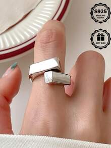 1pc S925 Sterling Silver Minimalist Geometric Cube Metal Ring, Versatile Silver Jewelry, Accessories, Suitable As Gift For Girlfriend, Mom, Valentine's Day, Comes With Gift Box - Silver - View 6