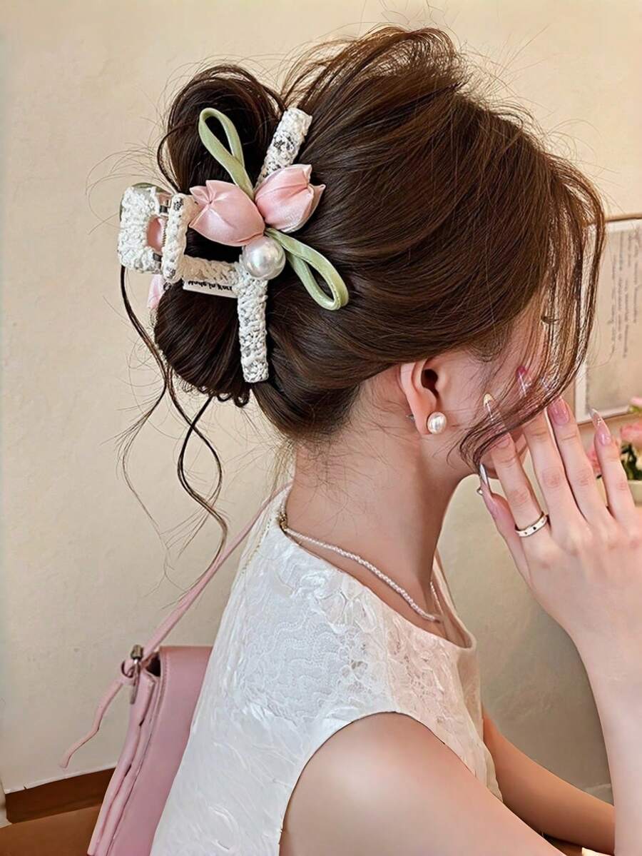 1 pièce Clip à cheveux élégant avec fleur et perle, clip à cheveux en dentelle de tulipe mignon, accessoire de cheveux à la mode convenant pour les vacances et les fêtes - Multicolore - Voir 1