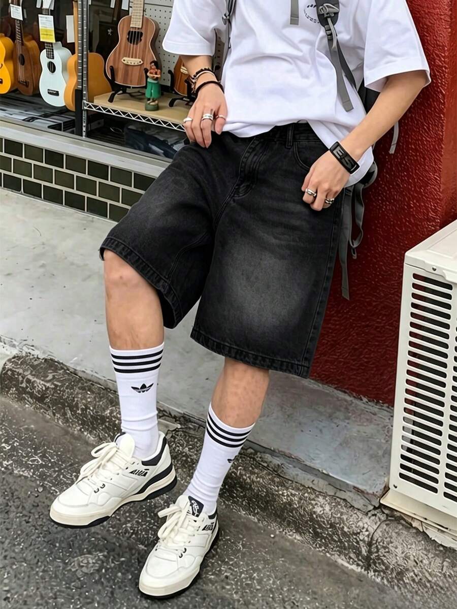 青少年复古宽松休闲牛仔短裤 - 黑色 - 查看 1