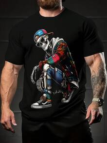 Camiseta de Moda para Hombre con Estampado 3D - Casual, Poliéster Transpirable, Lavable a Máquina, Cuello Redondo, No Transparente - Perfecta para el Verano - Negro - Ver 4