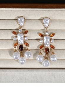 1 Pair Vintage Palace Style Cross Tassel Earrings, Baroque Faux Pearl Amber Crystal Earrings, Gold-Plated Elegant Women's Earrings, Party & Wedding Jewelry - Gold - View 3