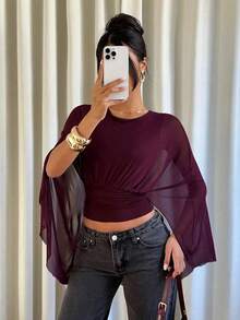 Women's Solid Color Round Neck Pleated Casual Versatile Daily Wear T-Shirt - 中紫紅色 - 查看 4