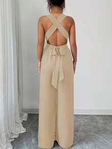Plus Women's Halter Neck Wide Leg Jumpsuit, V-Neck Backless Crisscross Tie Waist Romper, Sleeveless Loose Fit, Lightweight Spring & Summer Outfit For Home, Outdoor & Casual Wear, All Ages,Tropical Vacation Outfits,4th Of July Outfit Women,Tropical Outfits For Women,Tropical Vacation Outfits,Women's Plus-Size Jumpsuit, - White - View 5