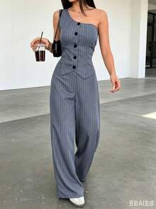 Elegant Women's Two-Piece Set Featuring Pinstripes, An Asymmetrical Neckline, A Sleeveless Tank Top, And Wide-Leg Trousers. Made From A Linen Blend, Perfect For Autumn. - 灰色 - View 3