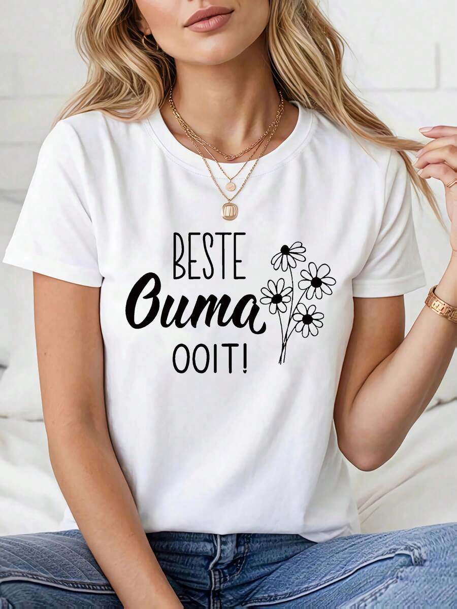 Mujeres holandesas "Beste Ouma Ooit!" camiseta - Afrikaans letras Top, corto Sve Crew cuello casual blusa de verano, primavera cómodo vestido casual para grandmride regalo (hine lavable)