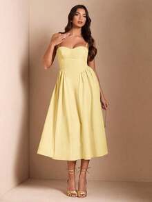 Elegante vestido largo sin mangas con manga abultada para mujer, adecuado para citas diarias, salidas, discotecas, fiestas, temporada de otoño - Amarillo - Ver 4