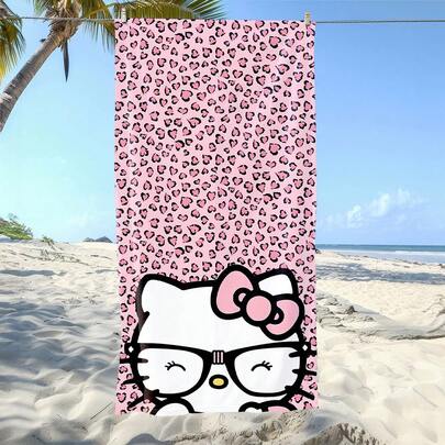 SANRIO 1条Hello Kitty图案印花超细纤维沙滩巾，柔软舒适，适合海滩、游泳池、露营、旅行、浴室、健身、瑜伽等场合。这款超细纤维毛巾柔软舒适，吸水性强，轻便易携，防风防晒，夏季旅行防沙。
