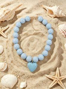 1pc European And American Bohemian Round Geometric Acrylic Beaded Necklace With Detachable Heart Pendant, Suitable For Holiday, Beach - Beaded Heart Pendant Necklace - View 4