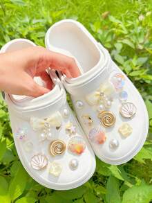 20pcs Gold Ocean Series Shoe Charms, Shell, Starfish, Bow DIY Accessories, Series Charm Set, Suitable For Perforated Slippers - White Gold - View 6