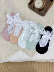 1/5 Đôi tất thuyền kiểu ballet mới ngọt ngào mùa xuân/hè, viền ren, thắt nơ, chất liệu lụa pha. - Nhiều màu - Xem 2