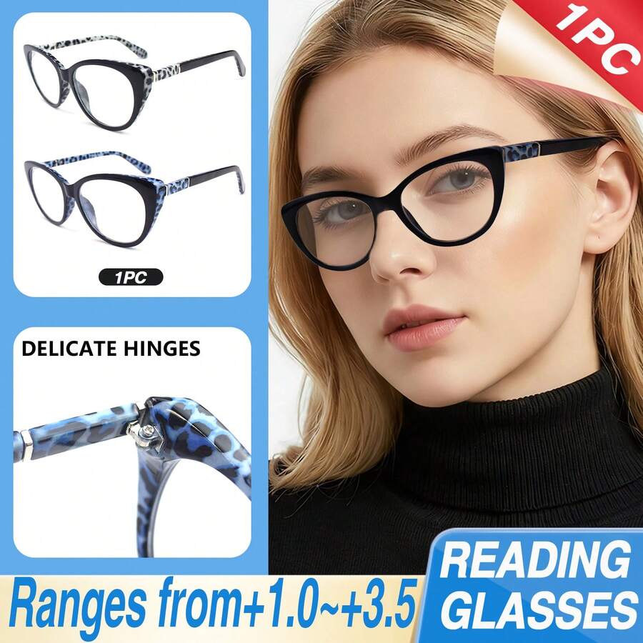 1 pieza Gafas de lectura con montura grande de ojo de gato, diseño de estampado de leopardo de moda, con bisagras de metal de alta calidad, adecuadas para uso diario de mujeres - Blanco - Ver 1