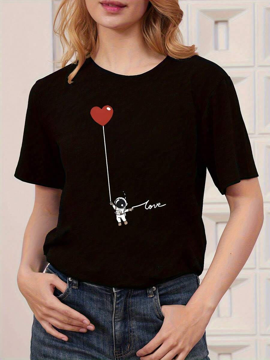 Astronauts Are Drawn To Love! Interstellar Love Women's Short Sleeve Crew Neck T-Shirt - Black - View 1