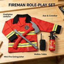 Kids Firefighter Costume Full Set, Realistic Helmet Gear, Roleplay Cosplay Outfit For Boys And Girls, Profession Experience, Stage Performance, Fun Firefighter Toy Props - WY06-c Firefighter Suit Long-sleeved Seven-piece Set - View 2