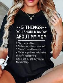 Diversión de las mujeres "5 cosas sobre mi madre" impresión camiseta-tela de algodón elástico suave lavable a la máquina cuello redondo manga cortrimavera y verano otoño camiseta casual tema de la madre camiseta diseño de texto humorístico material transpirable ropa de personalidad de moda ropa de Halloween ropa de mujer camiseta de ropa de otoño de las mujeres limpieza de ropa adecuada parascua, Halloween, Acción de Gracias, etc. - Negro - Ver 2
