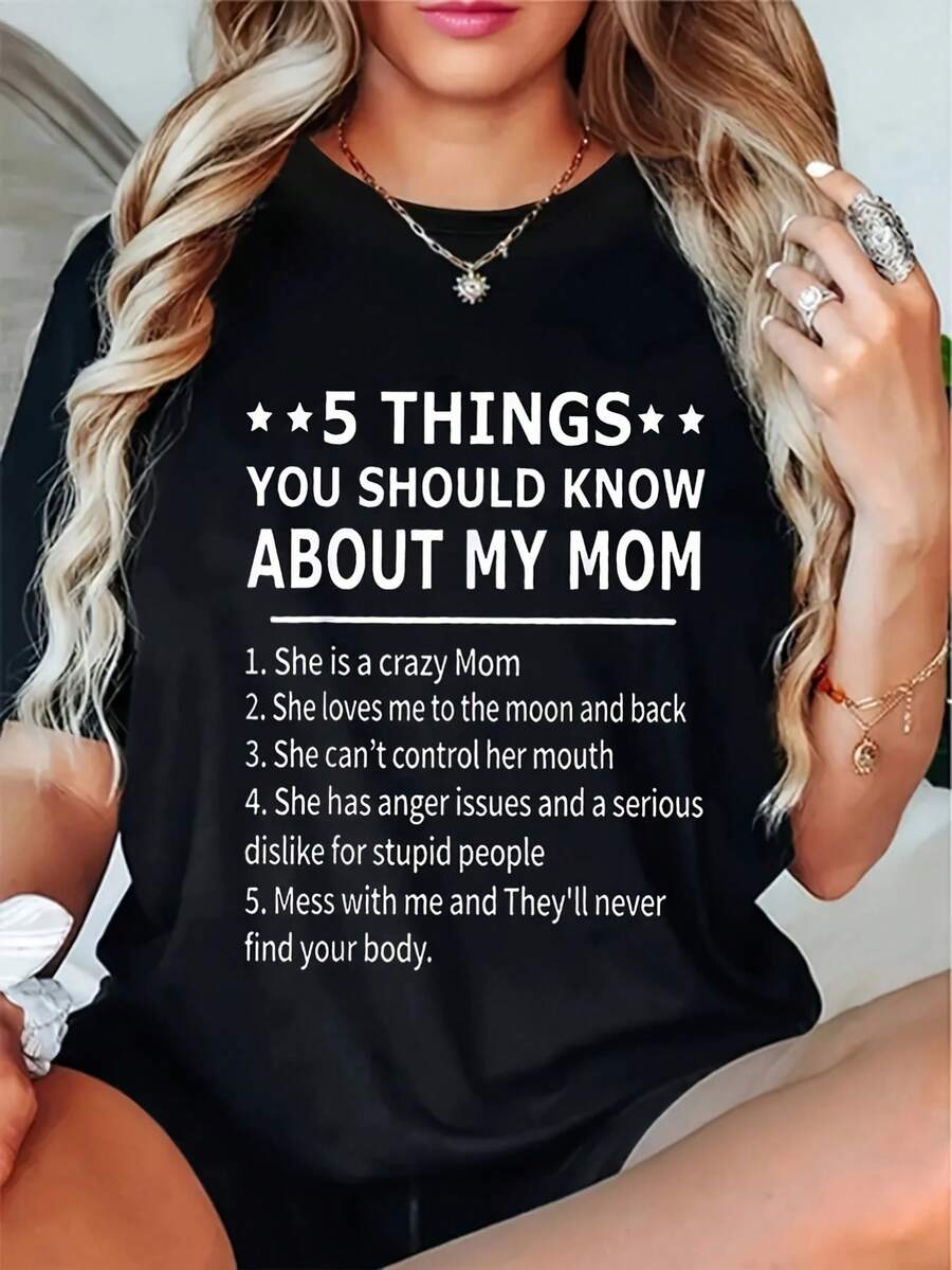 Diversión de las mujeres "5 cosas sobre mi madre" impresión camiseta-tela de algodón elástico suave lavable a la máquina cuello redondo manga cortrimavera y verano otoño camiseta casual tema de la madre camiseta diseño de texto humorístico material transpirable ropa de personalidad de moda ropa de Halloween ropa de mujer camiseta de ropa de otoño de las mujeres limpieza de ropa adecuada parascua, Halloween, Acción de Gracias, etc.