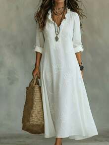 Vestido largo de algodón y lino bordado con encaje de moda de primavera y verano - Blanco - Ver 4