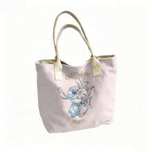 Miniso Disney Stitch & Angel "Cuddle Me Happy" Canvas Tote Bag, Pink Pastel Shoulder Bag For Daily Use - Black - View 5