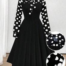 Plus Size Elegant Polka Dot Print Knot Detail Splicing Dress, Autumn Maxi Women Outfit Fall Cloth For Women - Multicolor - Ver 9
