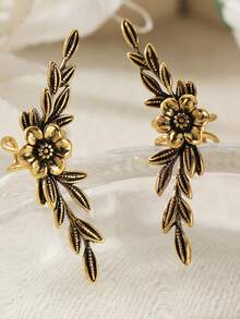 Women's Fashion Ear Clips, 3D Floral Design, Retro Texture, Vacation Gift Atmosphere Earrings - Gold - View 8