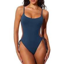 Women's Side Cutout Lace-Up One Piece Swimsuit, Scoop Neck Spaghetti Strap Monokini With Tie Side, High Cut Cheeky Bathing Suit, Tummy Control Swimwear For Summer Beach & Pool - 軍綠色2683-3 - 查看 3