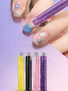 1pc Multi-Color Nail Art Dotting Pen, Magnetic Nail Dotting Pen, 5-Petal Flower Nail Art Dotting Pen, 3D Flower Pattern Magnetic Nail Stick, Nail Art Dotting Pen, Acrylic Round Shiny Handle, Cat Eye & Fancy Nail Art Tool, Designed For Nail Art Enthusiasts, Suitable For Home DIY And Nail Salon - Multicolor - View 8