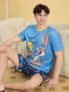 LOONEYTUNES Cartoon All-Over Print Men's Pajama Set, Light Blue Striped Short Sleeve Top And Shorts - Multicolor - View 6