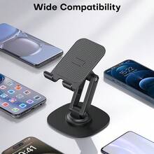 Giá đỡ điện thoại điều chỉnh 3 trục, giá đỡ điện thoại để bàn bằng kim loại có thể gập lại, xoay 360°, chân đế chắc chắn với miếng đệm silicon chống trượt, giá đỡ điện thoại rảnh tay cho bàn làm việc, văn phòng, nhà bếp, nấu ăn, gọi video, tương thích với iPhone 17/16/15/14/13/12 Pro Max và tất cả các điện thoại Android. - màu đen - Xem 8