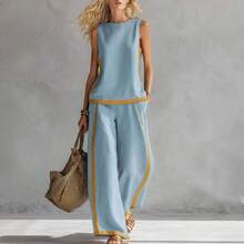 Light Blue Linen Sleeveless Top & Wide Leg Pants Set With Yellow Trim, Casual Summer Two-Piece FitBreathable - Green - View 7