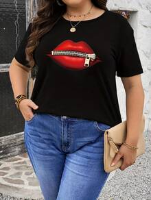 Camiseta de algodón de manga corta para mujer con estampado de labios rojos - Negro - Ver 2