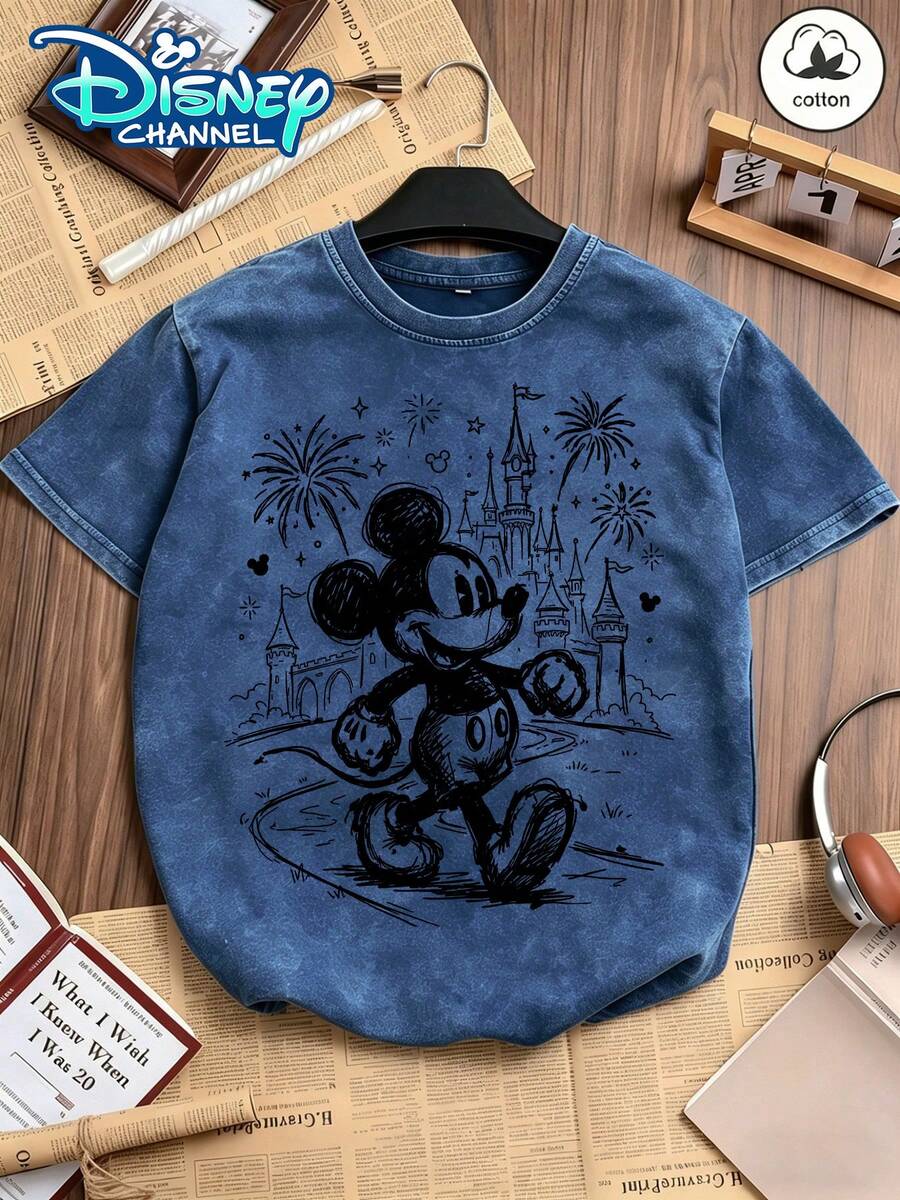Disney Official Authorization | 100% Washed Cotton Vintage Short-Sleeve T-Shirt. Printed With Sketch-Style Mickey Mouse And Castle Patterns. Designed With A Unisex Loose Fit For Both Men And Women, It Suits Disney Fans Of All Ages And Is A Perfect Pick For Vacations, Outings And Daily Casual Outfits. - Màu xanh lam - Xem 1